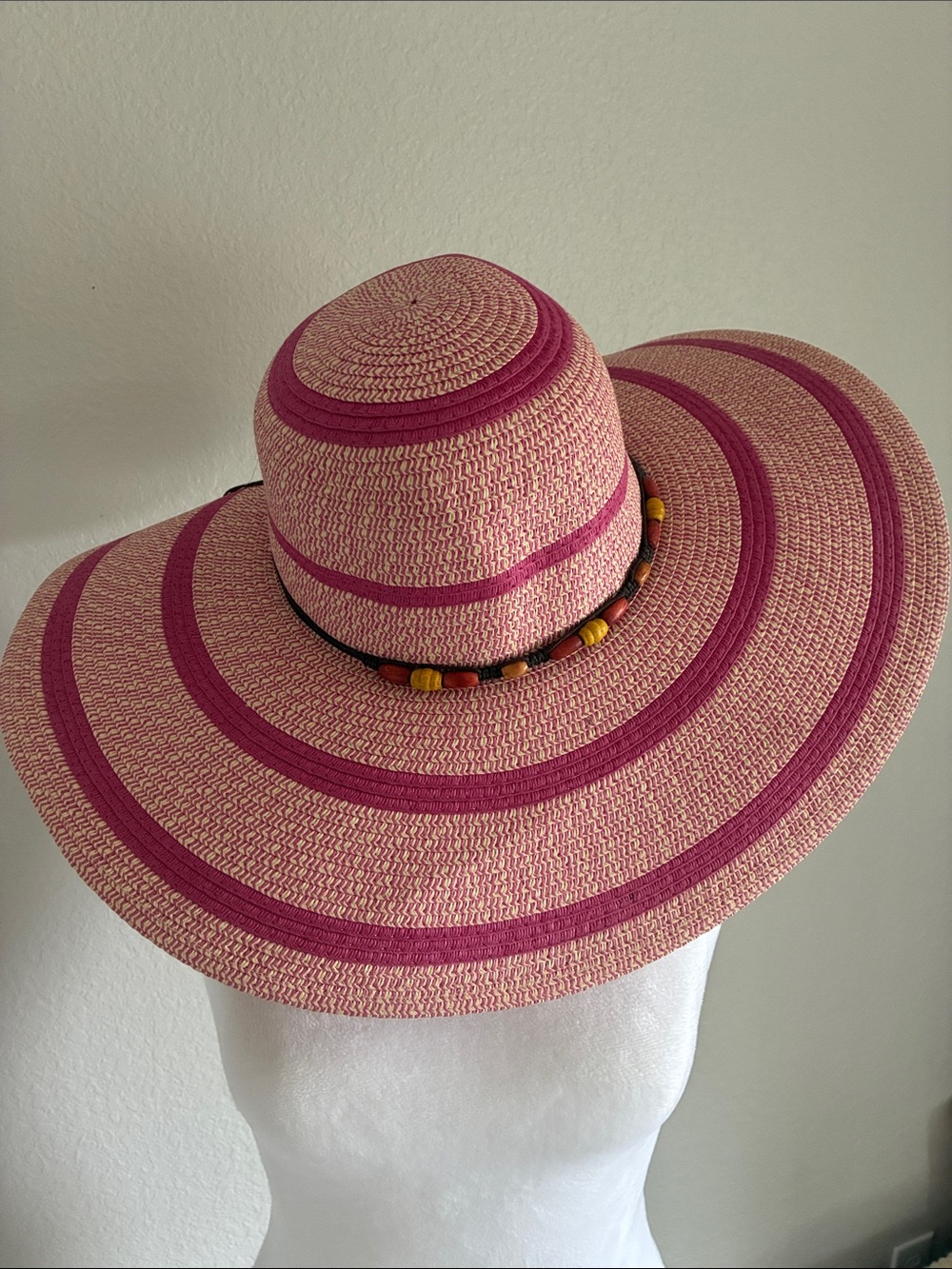 Sombreros Gonzalez Wide-Brim Pink Straw Sun Hat with Bead Accent